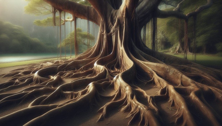 Photograph an ancient tree with sprawling roots overtaking the surrounding landscape realistic style 1