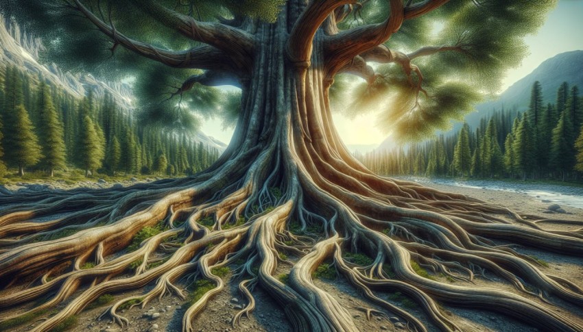 Photograph an ancient tree with sprawling roots overtaking the surrounding landscape realistic style 2