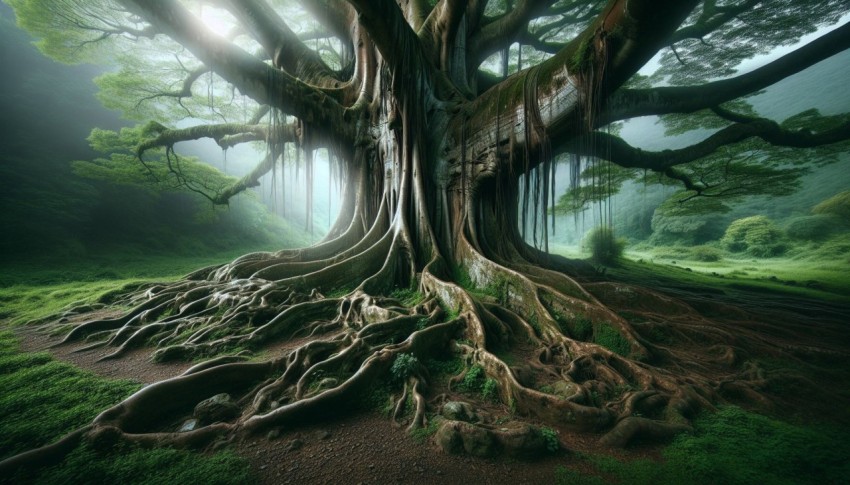 Photograph an ancient tree with sprawling roots overtaking the surrounding landscape realistic style 3