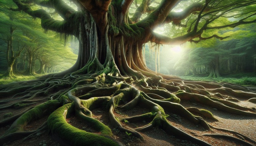 Photograph an ancient tree with sprawling roots overtaking the surrounding landscape realistic style 4
