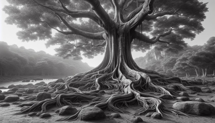 Photograph an ancient tree with sprawling roots overtaking the surrounding landscape realistic style 5
