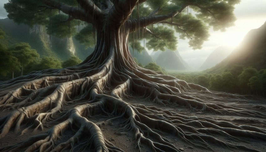 Photograph an ancient tree with sprawling roots overtaking the surrounding landscape realistic style 6
