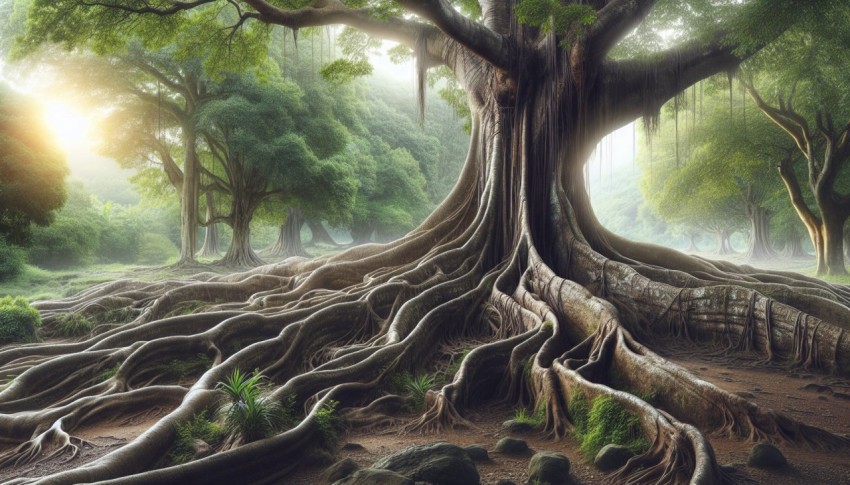 Photograph an ancient tree with sprawling roots overtaking the surrounding landscape realistic style 7