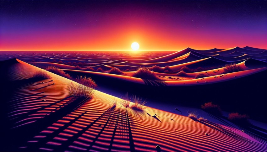 Capture the stark contrast of a desert landscape at sunset 1