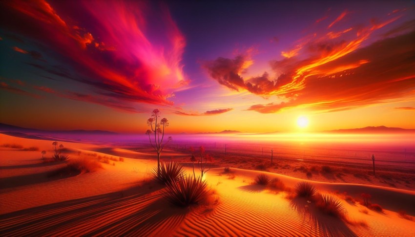Capture the stark contrast of a desert landscape at sunset 2