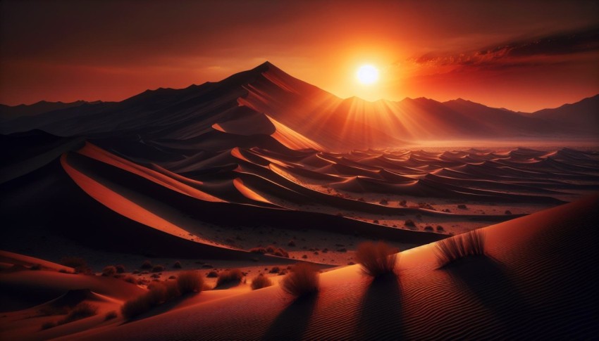 Capture the stark contrast of a desert landscape at sunset 7