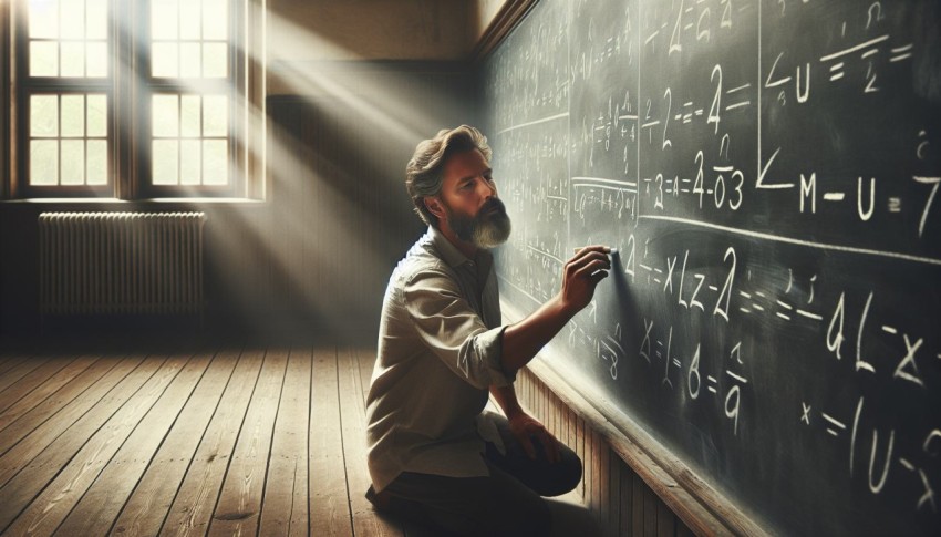 Take a photo of a math teacher solving problems on a blackboard 20