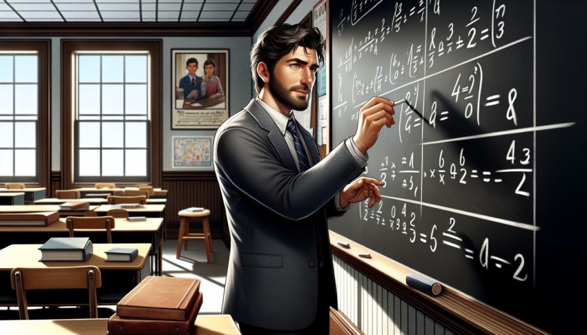 Take a photo of a math teacher solving problems on a blackboard 19