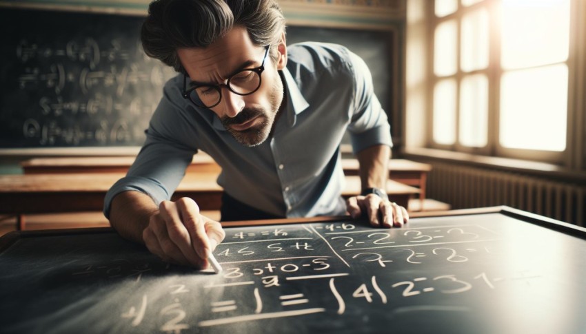 Take a photo of a math teacher solving problems on a blackboard 18