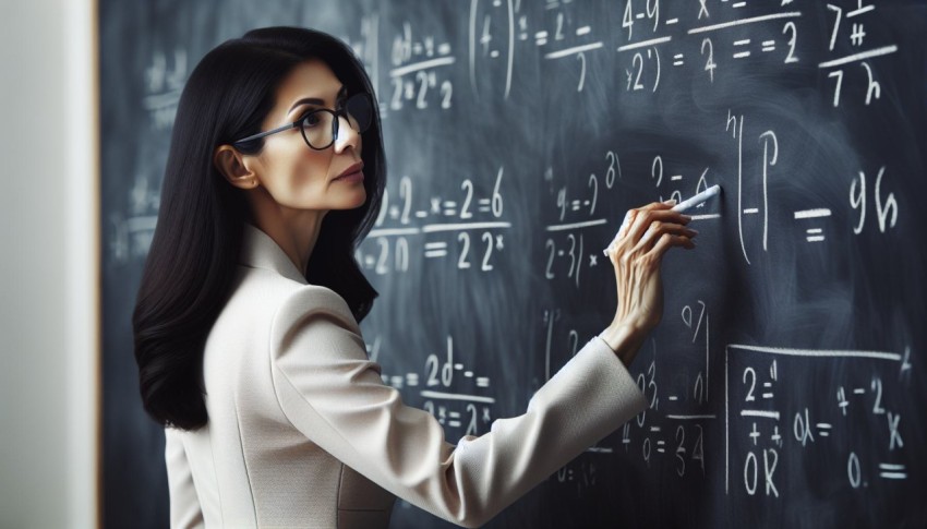 Take a photo of a math teacher solving problems on a blackboard 17