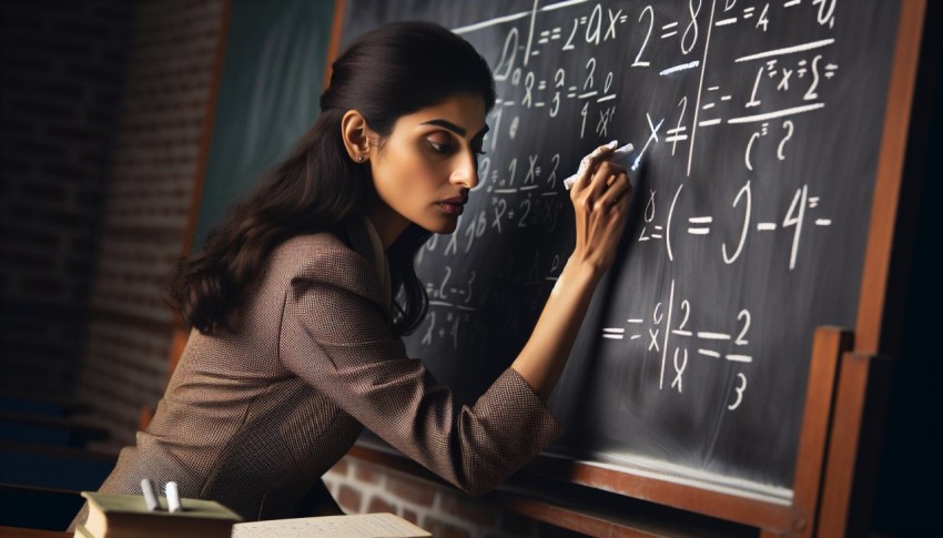 Take a photo of a math teacher solving problems on a blackboard 16