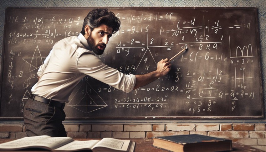 Take a photo of a math teacher solving problems on a blackboard 15