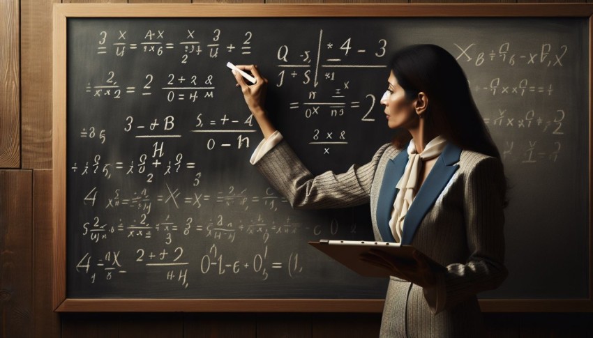 Take a photo of a math teacher solving problems on a blackboard 14