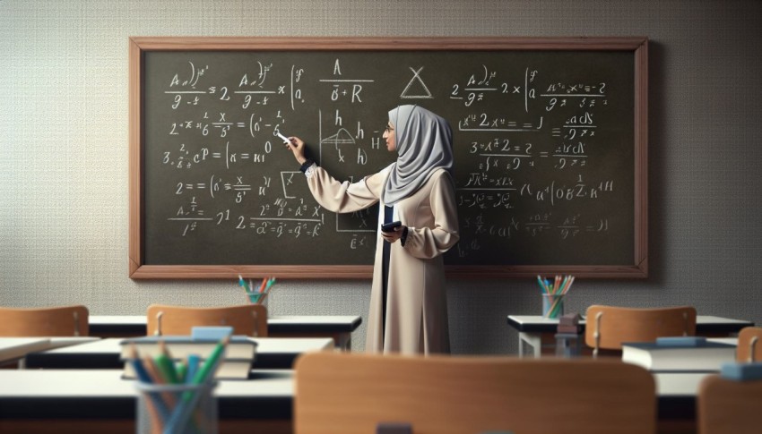 Take a photo of a math teacher solving problems on a blackboard 13