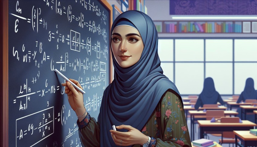 Take a photo of a math teacher solving problems on a blackboard 12