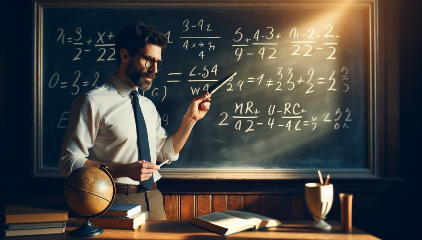 Take a photo of a math teacher solving problems on a blackboard 11