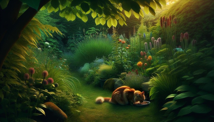Tranquil Morning A Cat Serenely Feeding Amidst Nature's Beauty