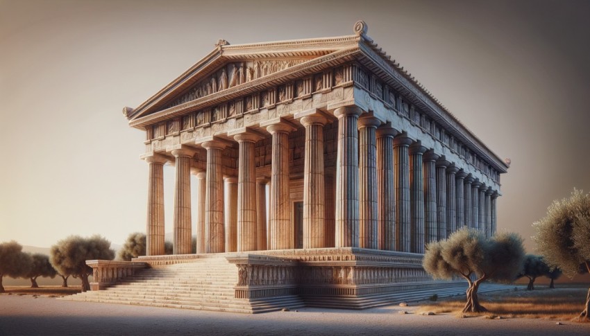 Ancient temple architecture featuring Doric columns and a marble facade.