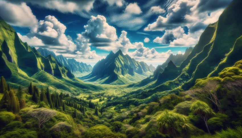 Mountain peak from a high angle covered with green forest, cloudy sky, distant view