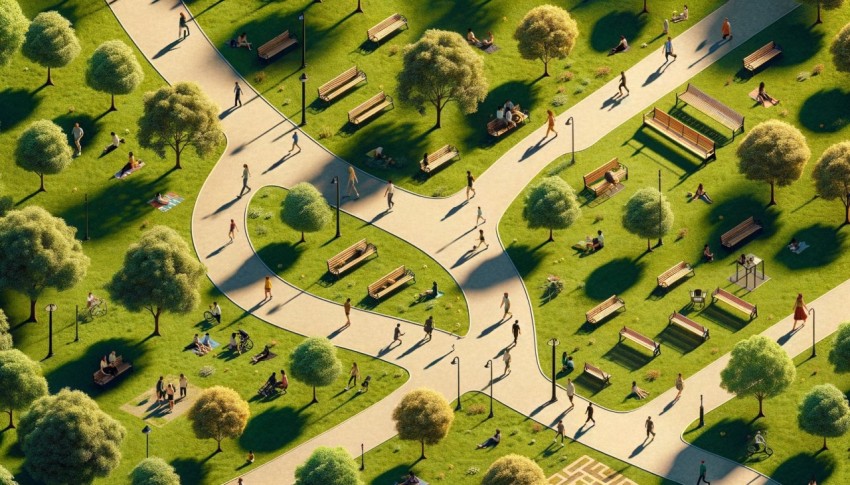 Public park emphasizing peace, shade, and greenery