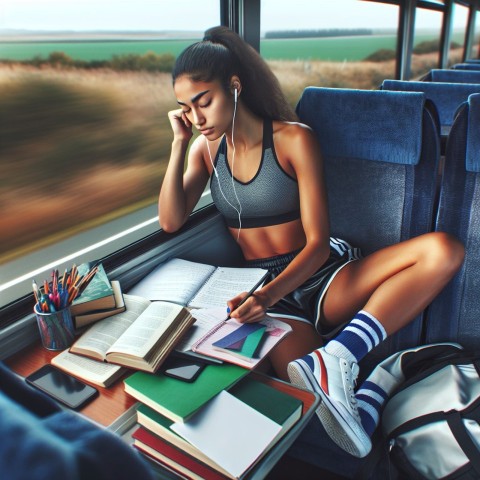 Take a photo of a student athlete studying while traveling for a game 10