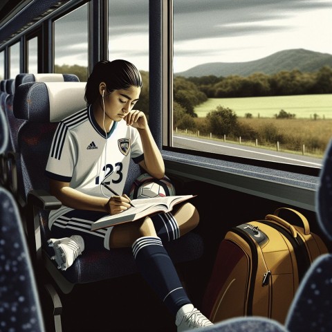 Take a photo of a student athlete studying while traveling for a game 9