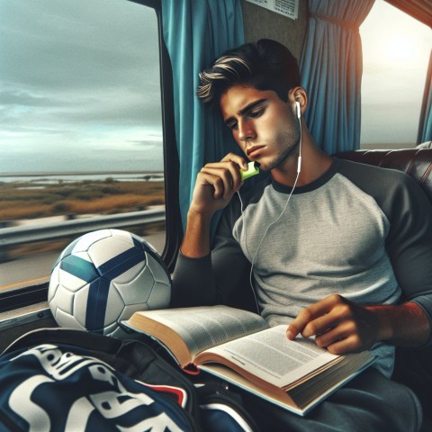 Take a photo of a student athlete studying while traveling for a game 8