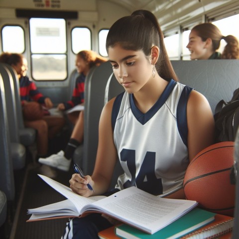 Take a photo of a student athlete studying while traveling for a game 7