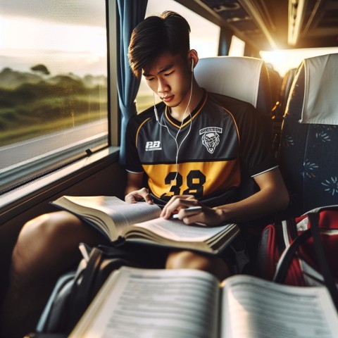 Take a photo of a student athlete studying while traveling for a game 6