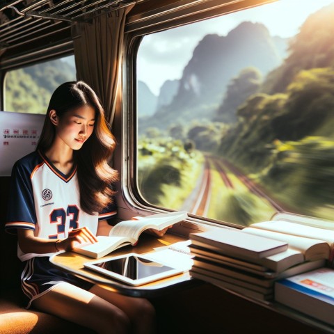 Take a photo of a student athlete studying while traveling for a game 5