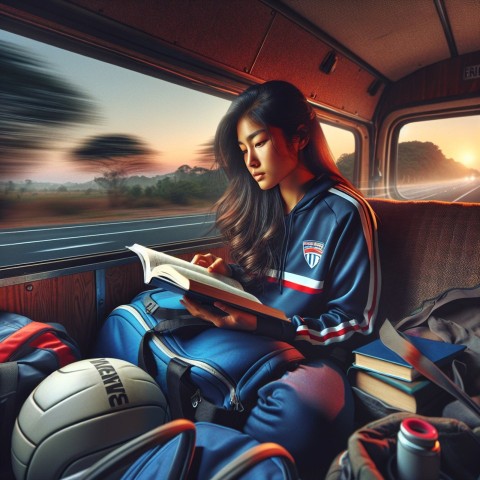 Take a photo of a student athlete studying while traveling for a game 4