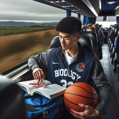 Take a photo of a student athlete studying while traveling for a game 3