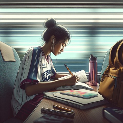 Take a photo of a student athlete studying while traveling for a game 2