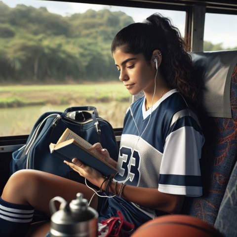 Take a photo of a student athlete studying while traveling for a game 1