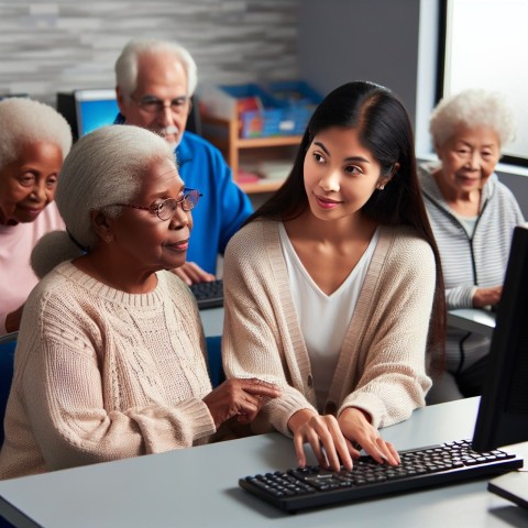 Photograph a volunteer teaching computer skills to elderly learners 8