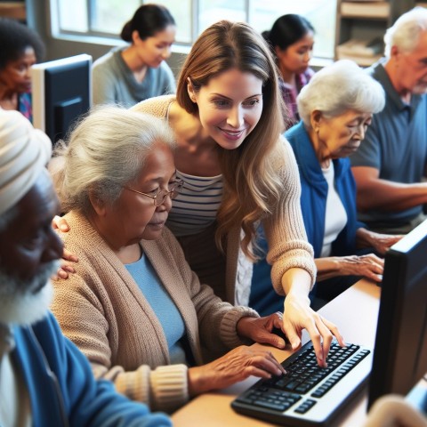 Photograph a volunteer teaching computer skills to elderly learners 10