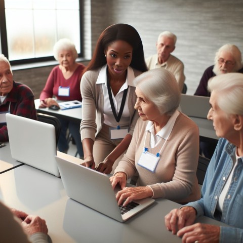 Photograph a volunteer teaching computer skills to elderly learners 9