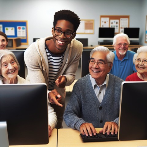 Photograph a volunteer teaching computer skills to elderly learners 6