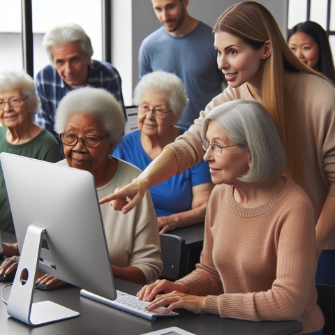 Photograph a volunteer teaching computer skills to elderly learners 5