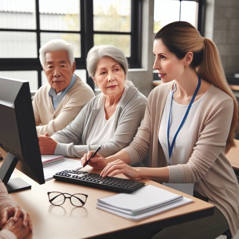 Photograph a volunteer teaching computer skills to elderly learners 3