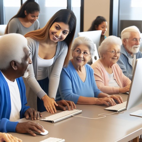 Photograph a volunteer teaching computer skills to elderly learners 2