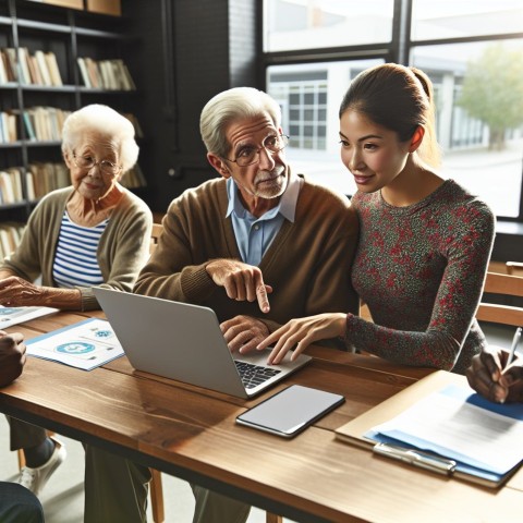 Photograph a volunteer teaching computer skills to elderly learners 1