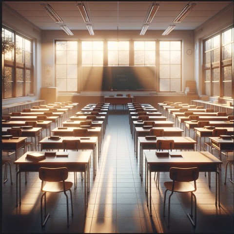 Take a picture of an empty classroom with chairs up on the desks 9