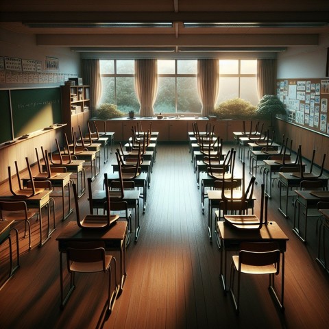 Take a picture of an empty classroom with chairs up on the desks 8