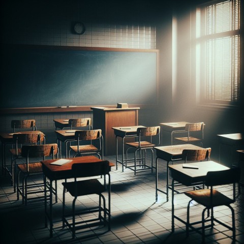 Take a picture of an empty classroom with chairs up on the desks 7