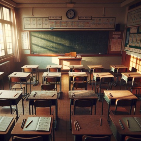 Take a picture of an empty classroom with chairs up on the desks 6