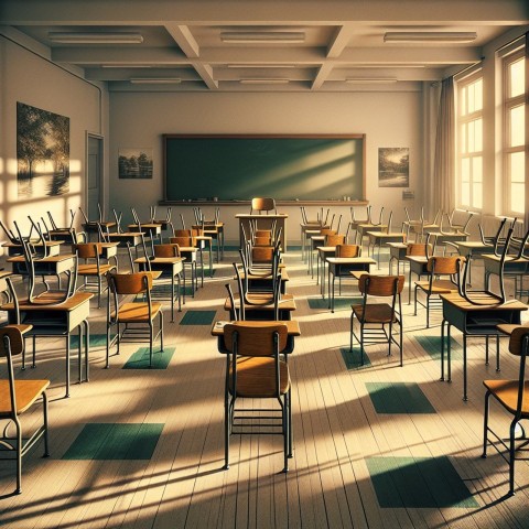 Take a picture of an empty classroom with chairs up on the desks 5