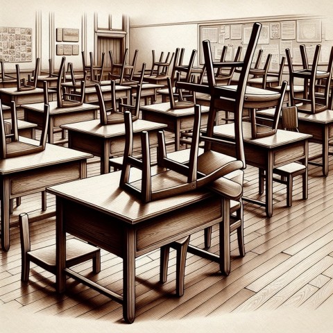 Take a picture of an empty classroom with chairs up on the desks 4