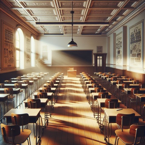 Take a picture of an empty classroom with chairs up on the desks 3