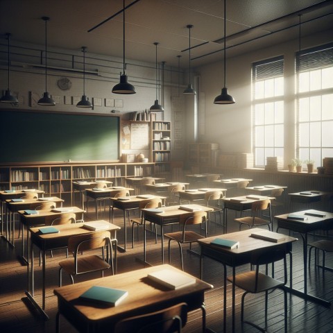 Take a picture of an empty classroom with chairs up on the desks 2